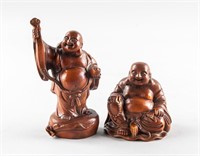 2 Assorted Chinese Wood Happy Buddha Statues