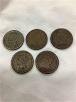 1850-1854 Large Pennies, 5 coins