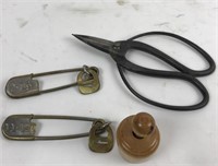 Vintage Garden Shears, 2 laundry Brass Safety Pins