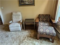 (2) recliners side table and ottoman