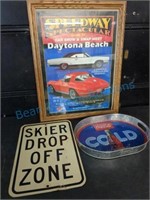 Framed car poster skier sign Coke tray