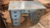9 drawer antique desk - painted light blue, brass