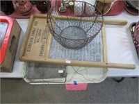 Bed Warming Stone, Washboard, Metal Wire Basket.