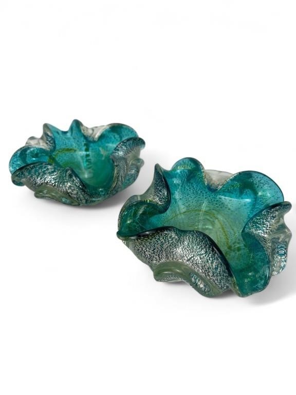 Murano art glass teal matching dish bowls ashtrays