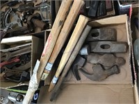 Box w 4 hammer handles and 9 hammer heads