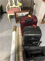 (3) SUITCASES ON WHEELS, (2) ANTIQUE WOOD CHAIRS,