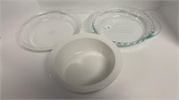 (2) Pyrex pie dishes (1) 1 1/2 quart Corning Ware