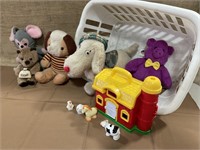 Stuffies, Blue Box barn, laundry basket