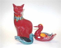 Poole red Siamese cat figure, duck & gull.