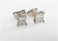 14K WG Princess Diamond Stud Earrings, 1CT Plus