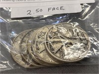 (5) Walking Liberty Silver Half Dollars