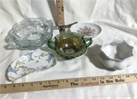 VINTAGE DISHES, INCL ONE BLUE AND ONE CARNIVAL