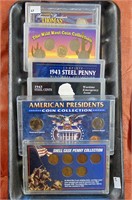 7 themed coin displays, cents, nickels, half, misc