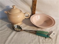 Fiestaware Blush Tea Pot, Pink Bowl, New Utensils