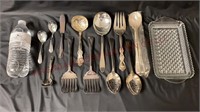 Vintage Silver Plate Serving Utensils & Glass Tray