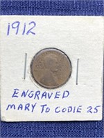 1912 engraved us penny Mary to Codie 25