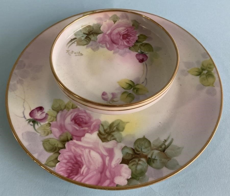 Signed Handpainted Rose Tray with Bowl