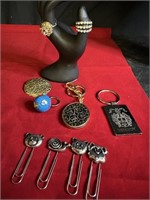 Assorted jewelry, bookmarks, keychains, Snuff Ring
