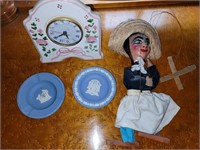 Porcelain clock, Wedgwood & puppet