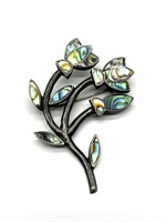 ‘925 Sterling’ Marked Floral Brooch with Shell