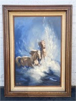 Vintage Horse Galloping Oil Painting Signed 34x46"