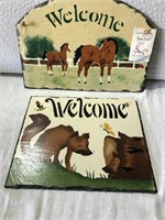 WELCOME sign two horses on a ranch, Furry f