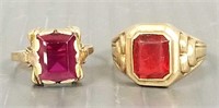 2 vintage 10k gold rings set with red stones: