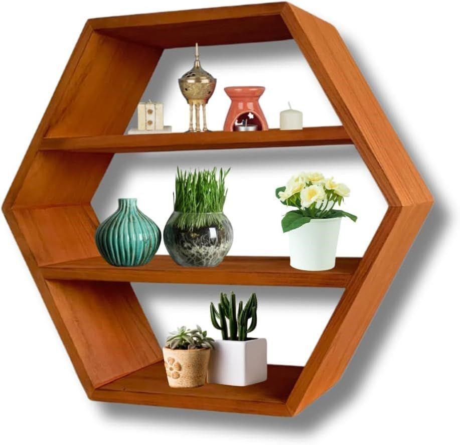 Large Hexagon Natural Wood Floating Shelf
