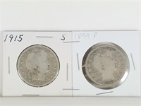 1915 S 1899 P BARBER SILVER HALF DOLLARS