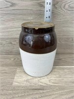 Brown & White Crock Jar w/ Lid