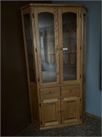 CORNER CURIO CABINET, GLASS FRONT TOP W/STORAGE