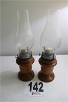 Pair of Wood Base Oil Lamps(R1)