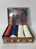 Vintage tin of vintage poker chips