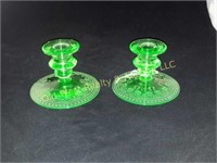 Green depression candle stick holders