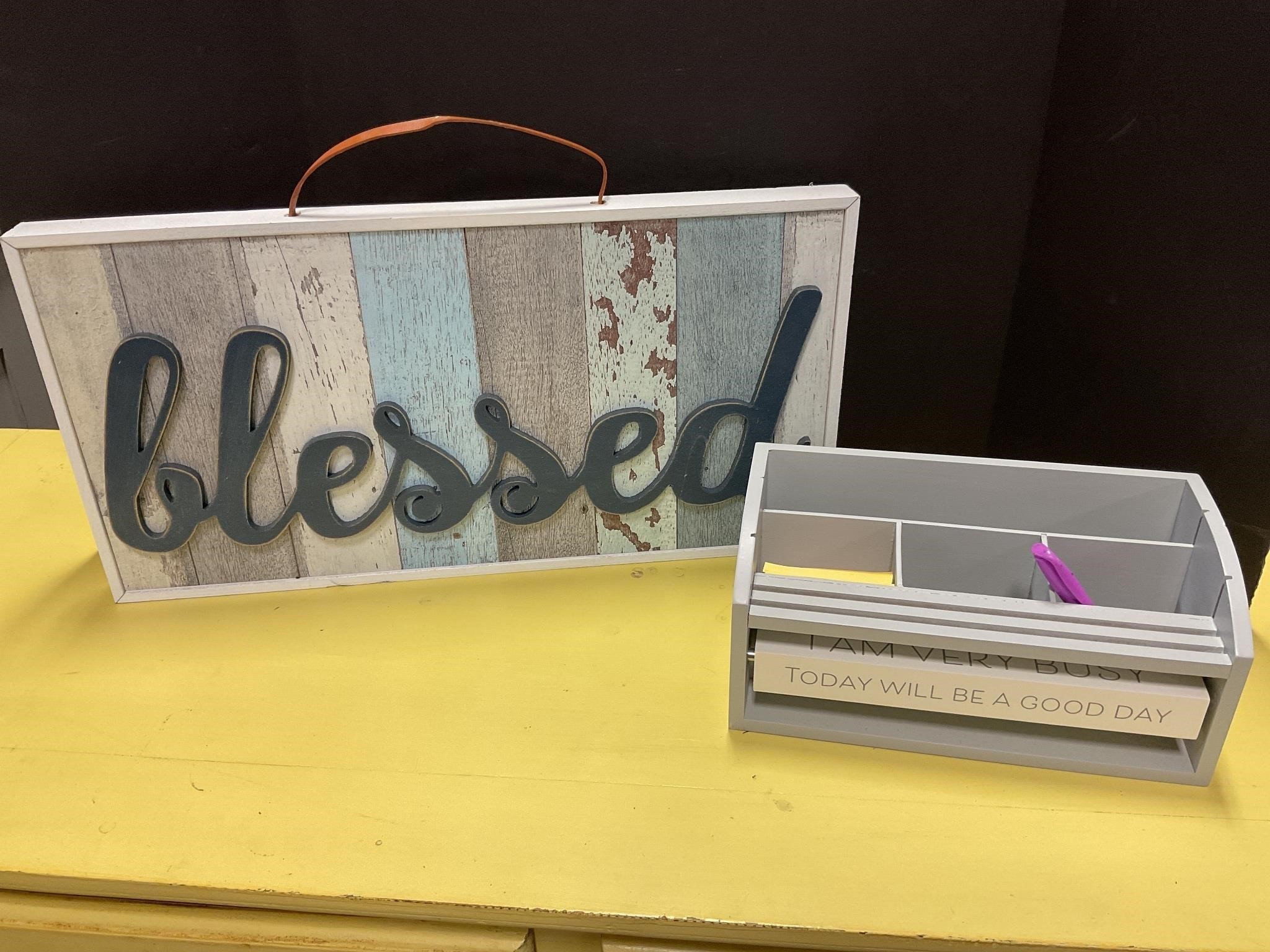 Blessed Sign 10.5”x 20.5” & desk caddy