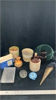 Various knickknacks jug, glass, canister, metal