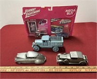 2 pewter cars, cast-iron truck and Johnny