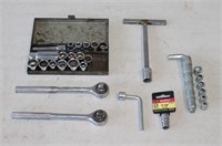 Assorted 3/8" Drive Sockets, T-Wrench, Ratchets