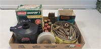 Tray Lot Of Assorted Items, Coleman Quickpump II