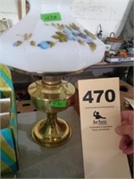 Brass oil lamp, handpainted shade