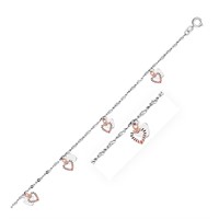 14k Two-tone Gold Anklet With Dual Heart Charms
