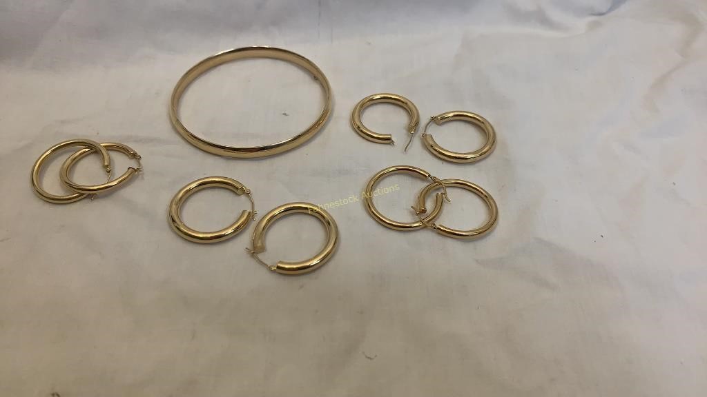 14K Gold Bangle Bracelet & 4 Pair Hoop Earrings