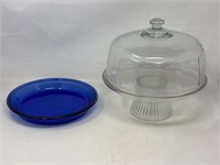 Glass cake stand with lid with blue anchor