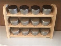Wood Rack w/ 12 Small Metal Cannisters