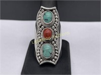 STERLING SILVER TURQUOISE AND CORAL RING