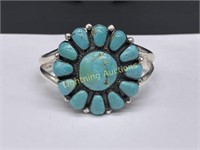 STERLING SILVER TURQUOISE CLUSTER CUFF BRACELET