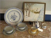 Assorted Tea Cups Saucers & 10.5"x 9.5" Painting