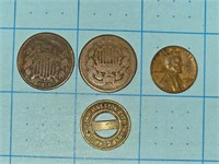 Antique US coins 2- 2 cent pieces, 1 penny & token