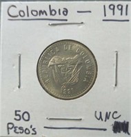 Uncirculated 1991 Colombian 50 pesos coin