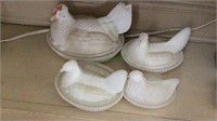 4 milk glass chickens on the nest , in graduated